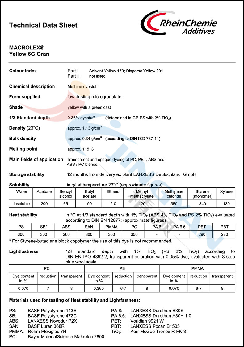 朗盛馬高列斯6G黃染料數(shù)據(jù)表1