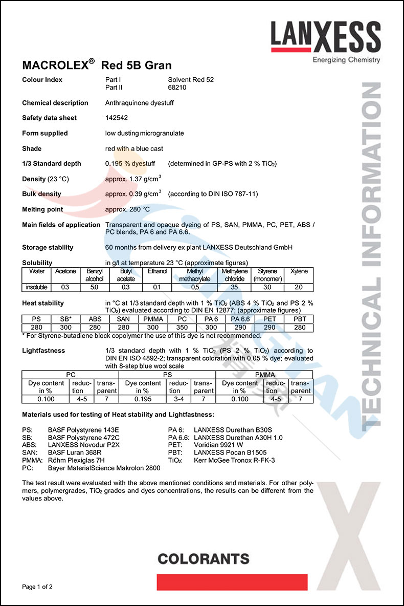 朗盛馬高列斯染料5B紅GRAN版本數(shù)據(jù)表1