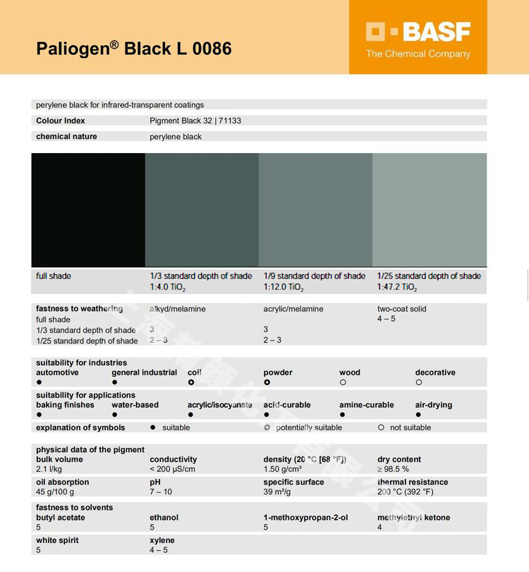 巴斯夫L0086苝黑顏料TDS報(bào)告